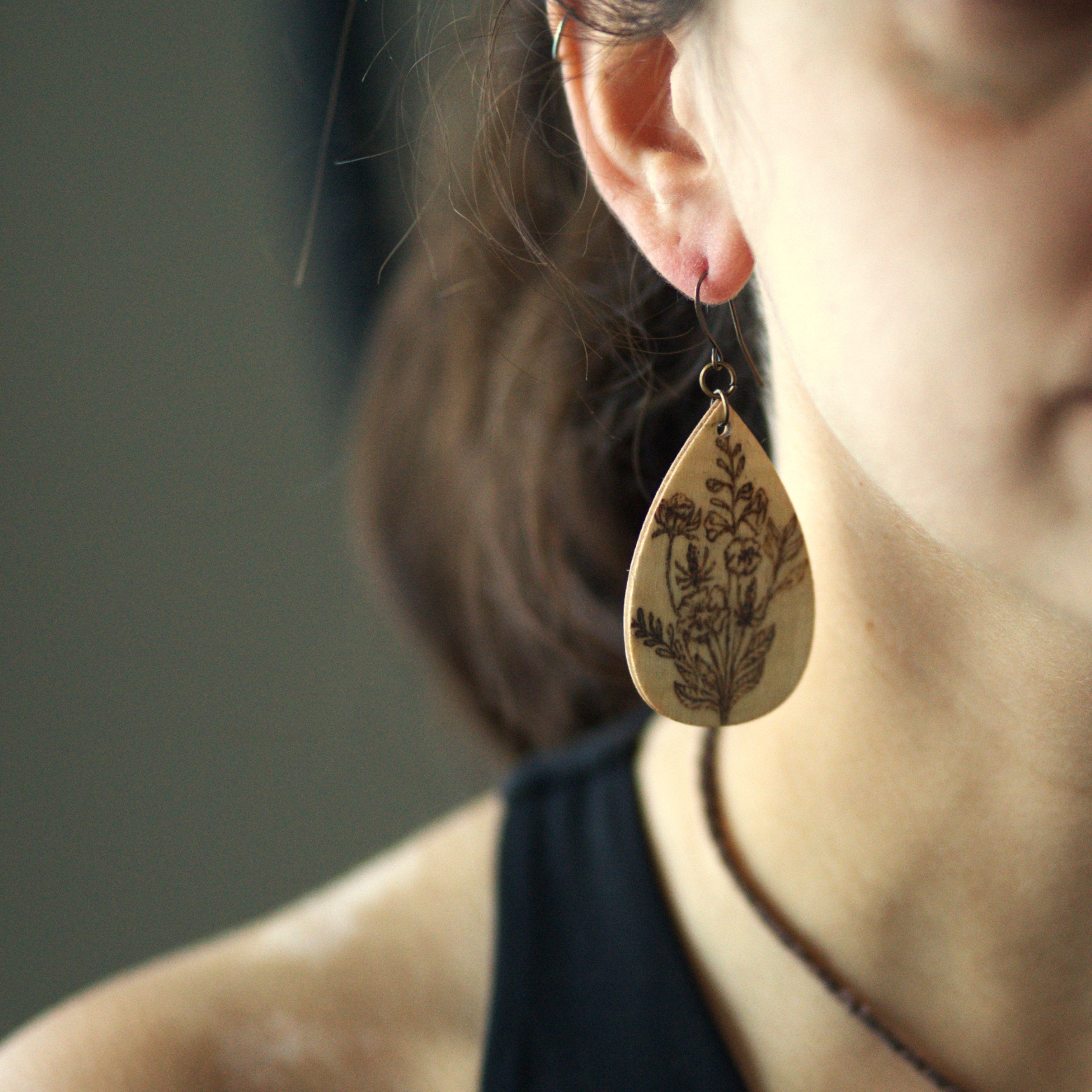 Teardrop Wildflower Woodburned Dangle Earrings