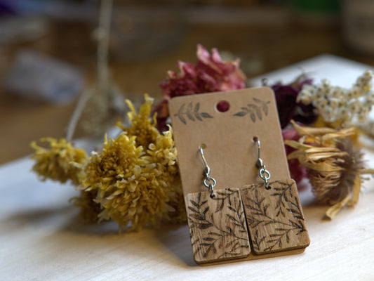 Handcrafted Woodburned Leaf Pattern Earrings-Rectangle Nature Design