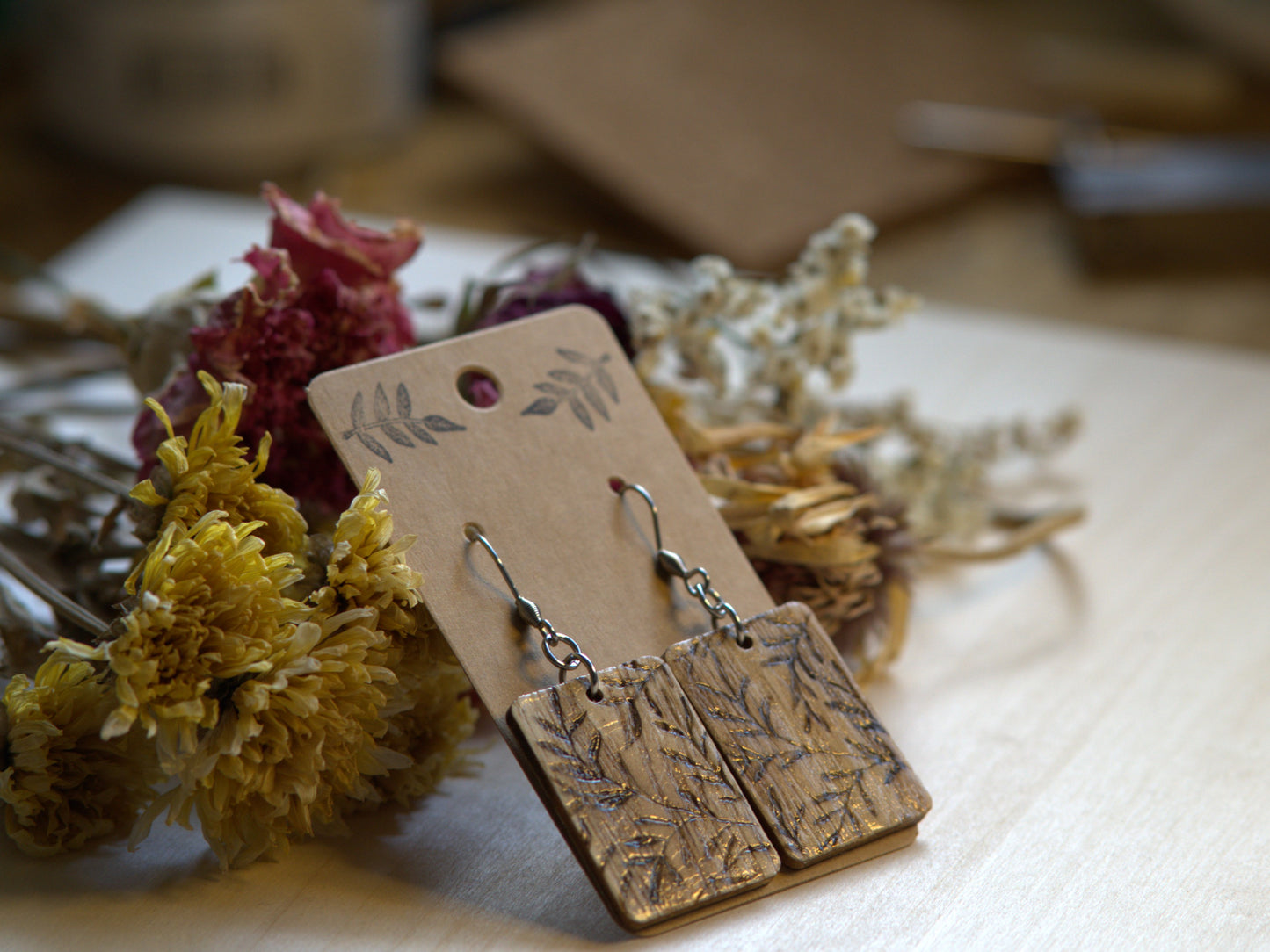 Handcrafted Woodburned Leaf Pattern Earrings-Rectangle Nature Design