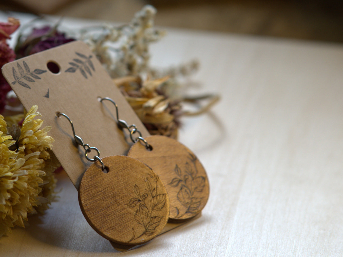 Handcrafted Woodburned Botanical Earrings – Round Leaf Design