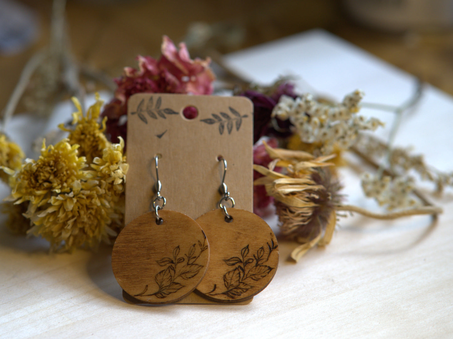 Handcrafted Woodburned Botanical Earrings – Round Leaf Design