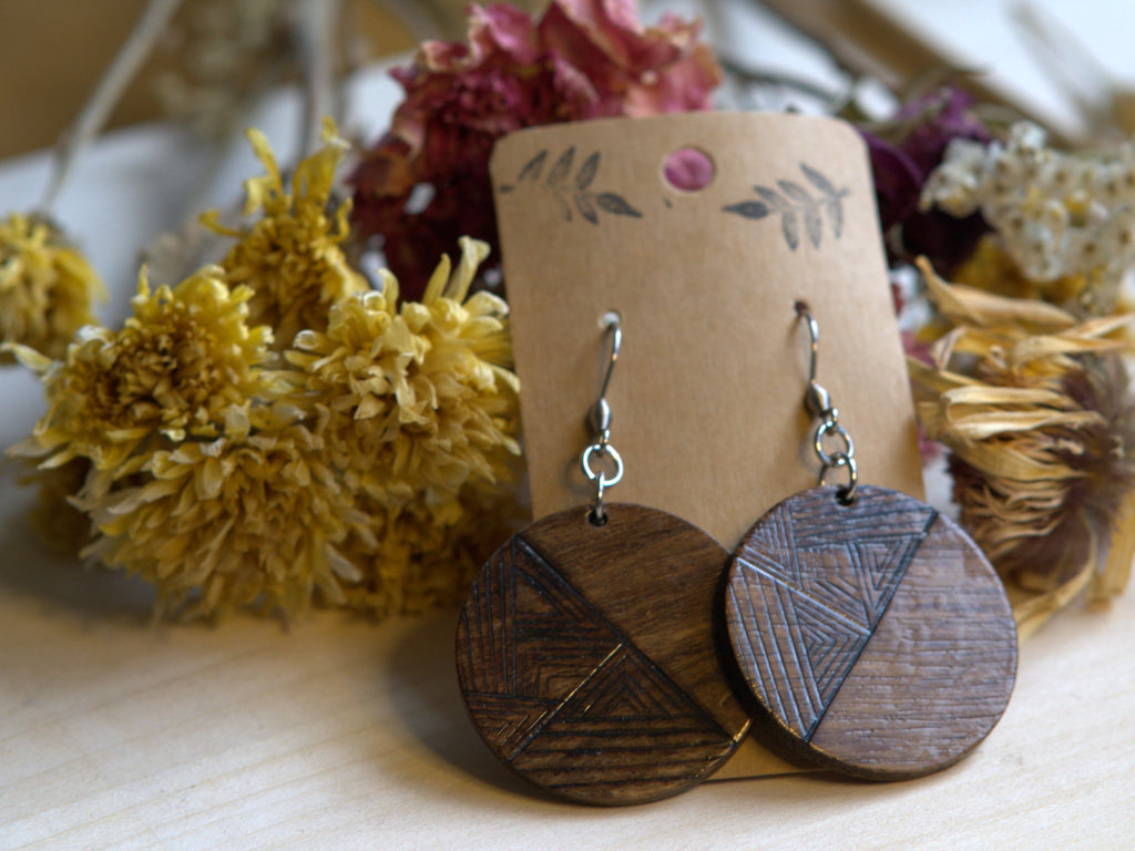 Large Wood Circular Patterned Woodburned Dangle Earrings