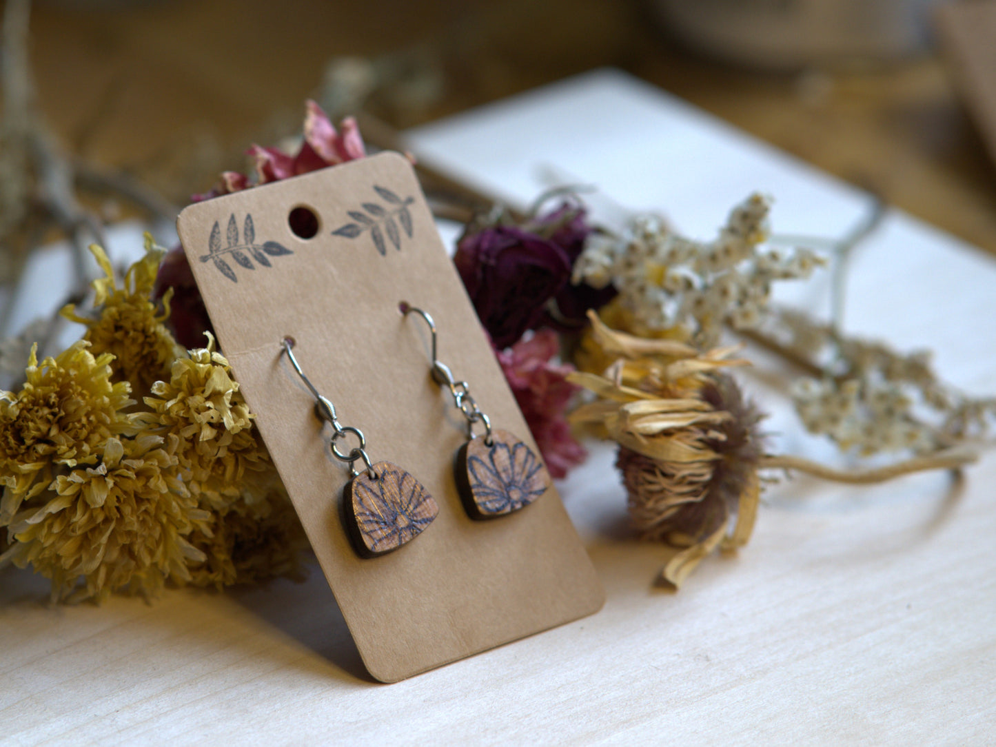 Handcrafted Woodburned Floral Dangle Earrings – Round Daisy Design