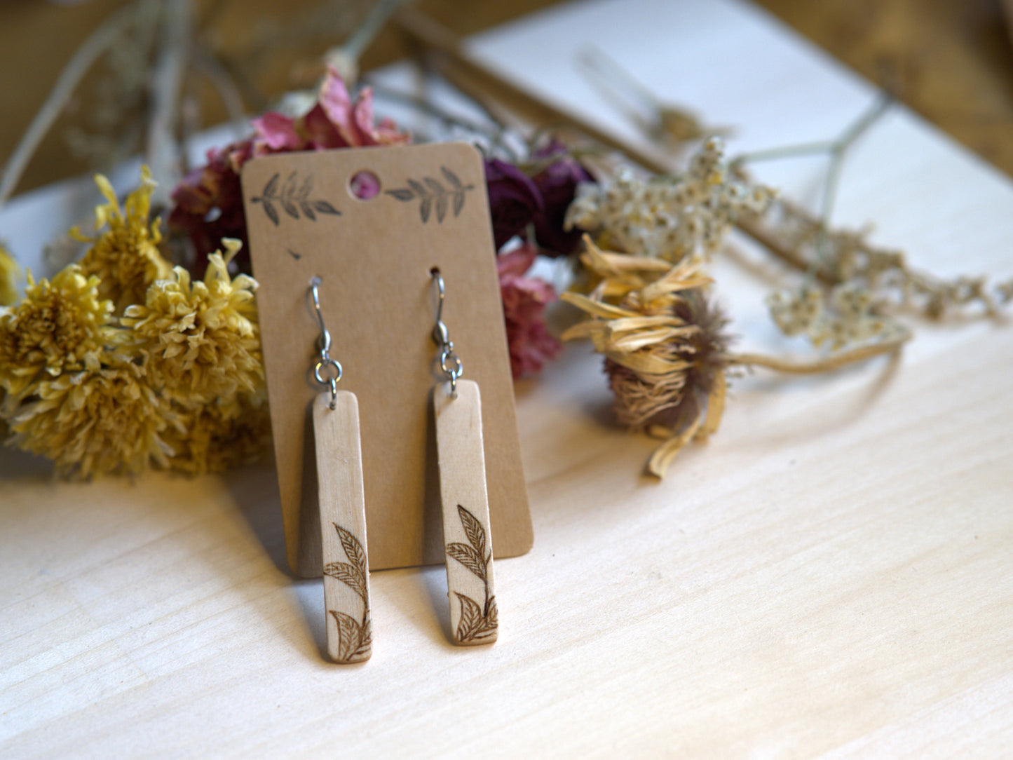 Handcrafted Woodburned Vine Earrings-Rectangular Nature Design