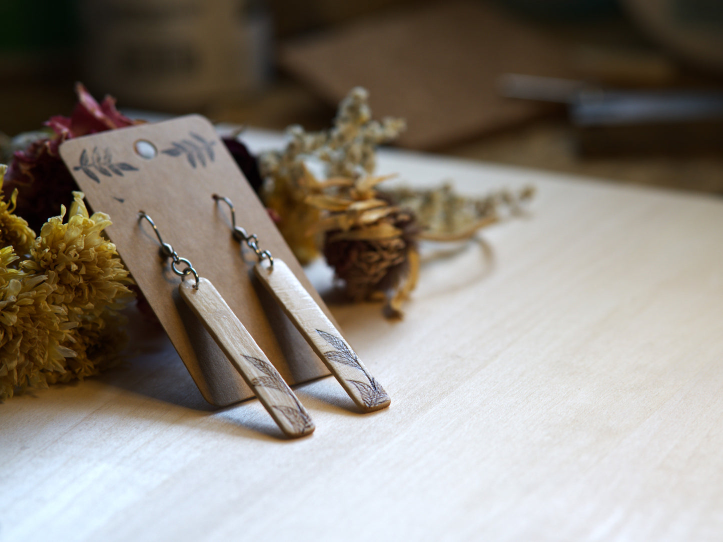 Handcrafted Woodburned Vine Earrings-Rectangular Nature Design