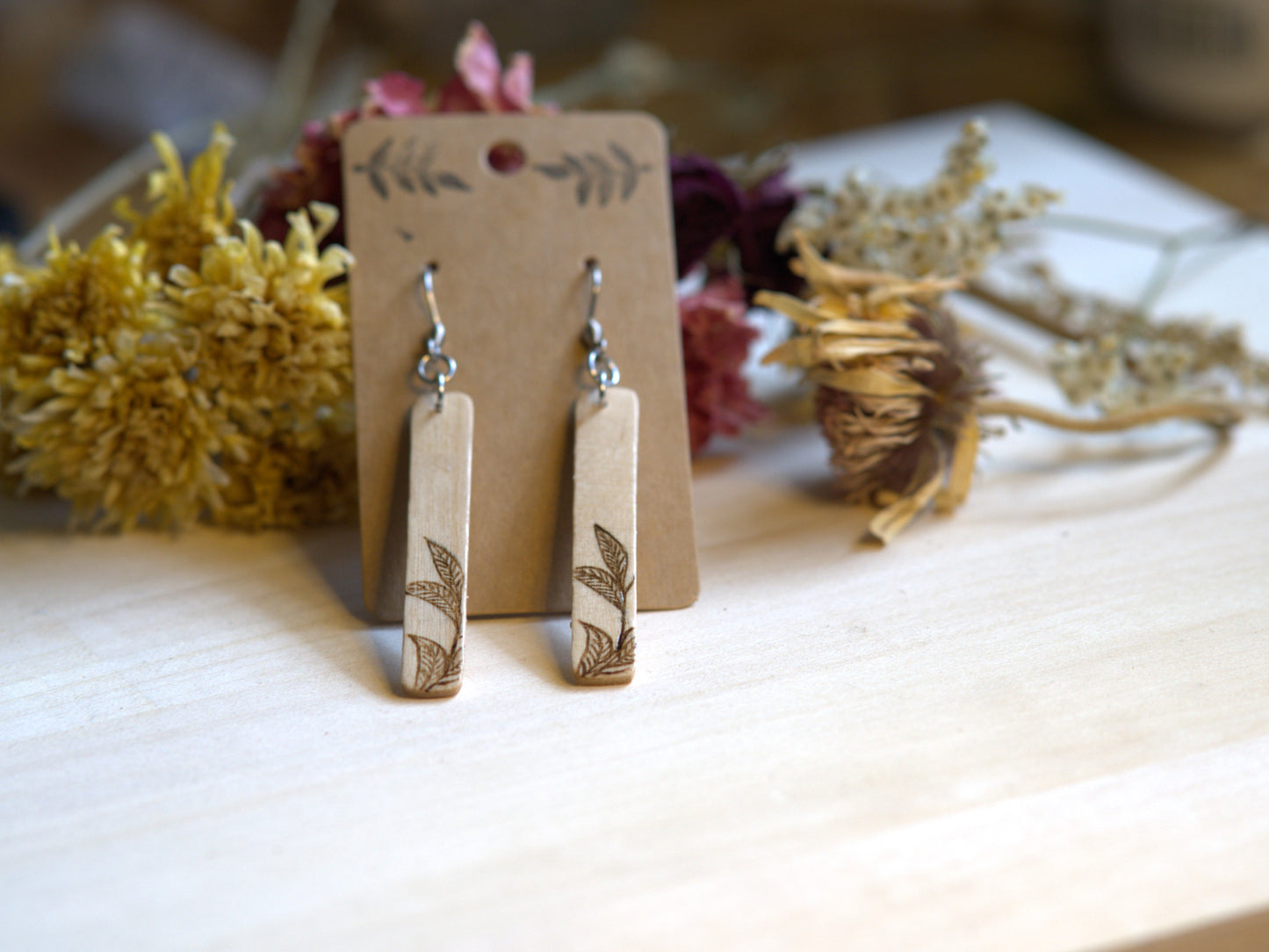 Handcrafted Woodburned Vine Earrings-Rectangular Nature Design