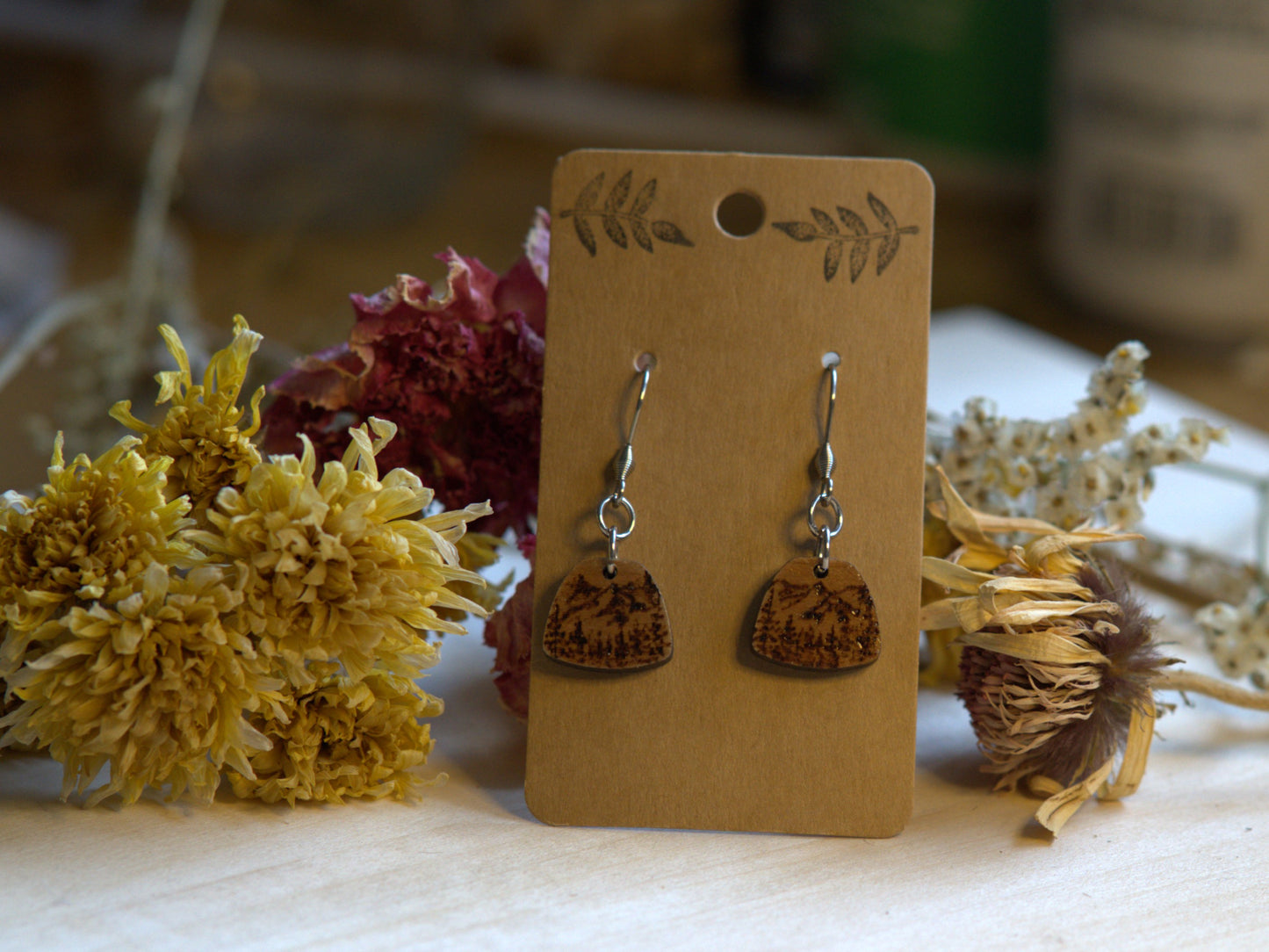 Handcrafted Woodburned Mountain Earrings-Rounded Nature Design