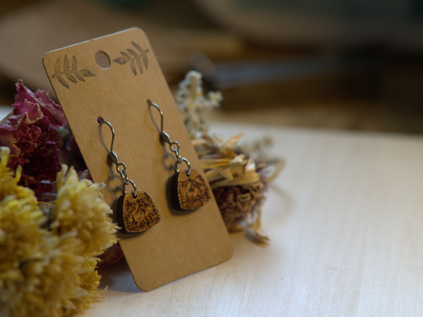 Handcrafted Woodburned Mountain Earrings-Rounded Nature Design