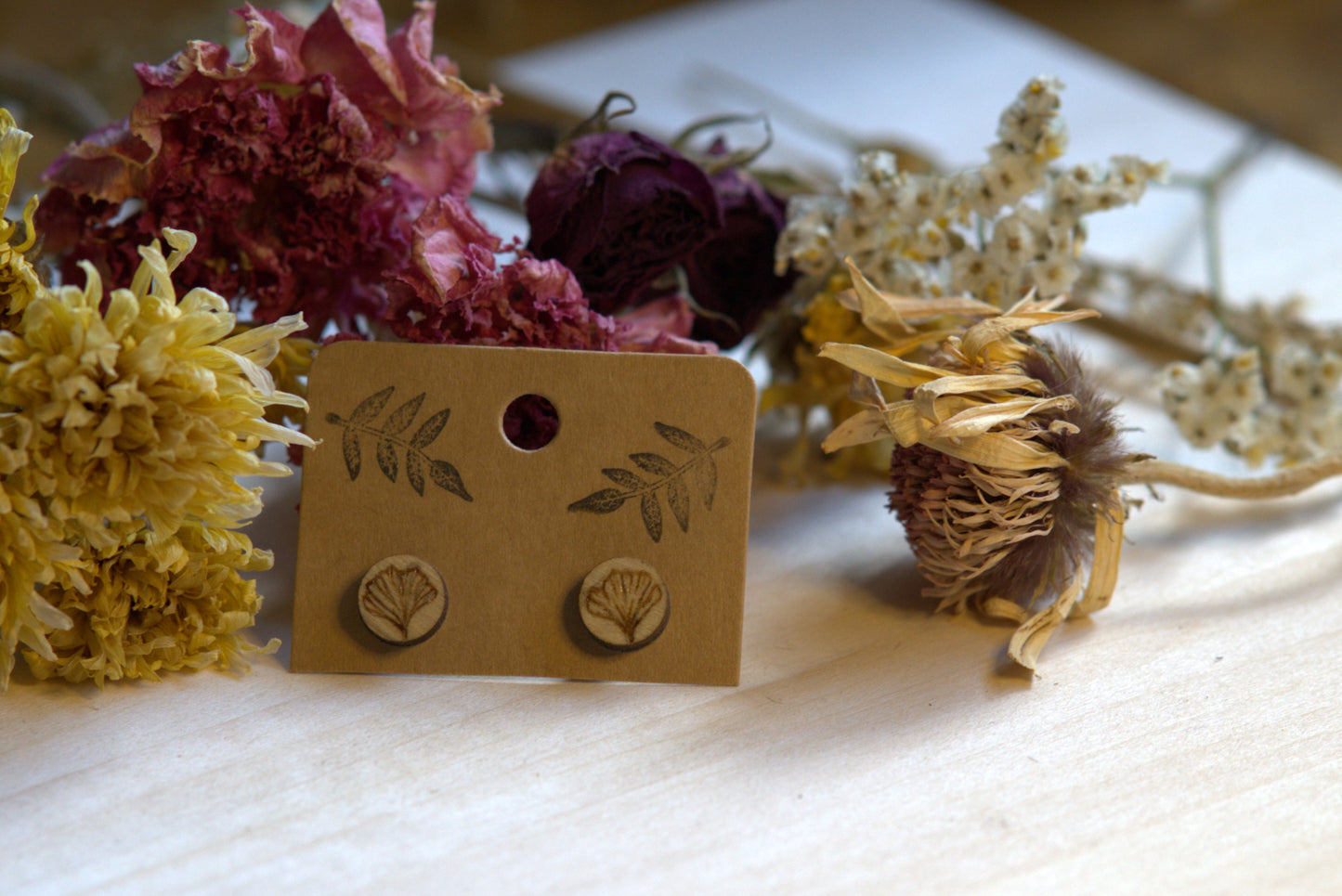 Handcrafted Woodburned Botanical Earrings – Round Gingko Leaf Stud Design