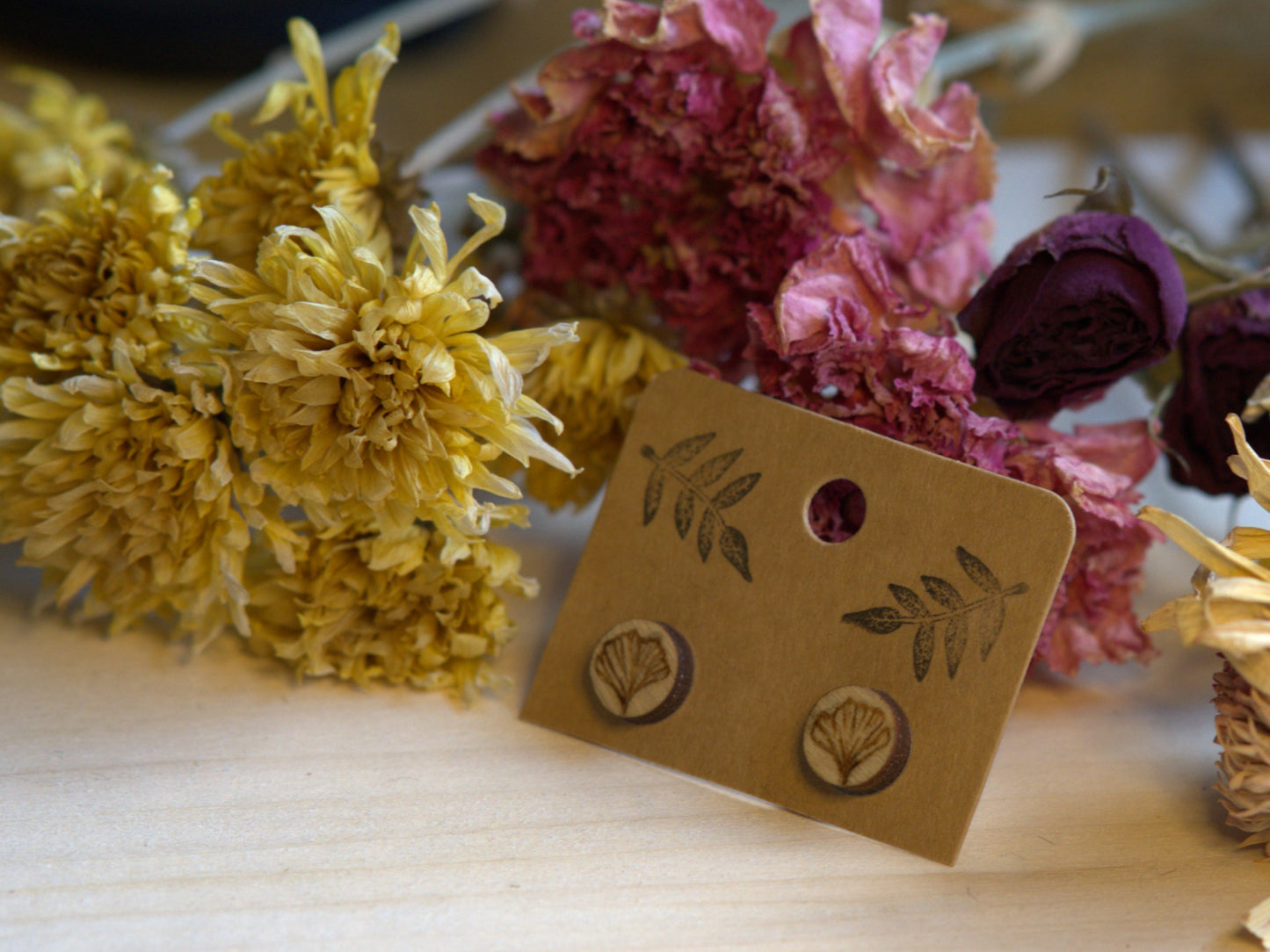 Handcrafted Woodburned Botanical Earrings – Round Gingko Leaf Stud Design