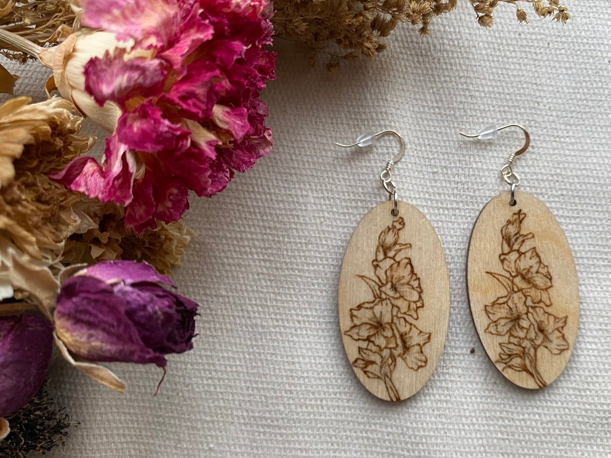 Handcrafted Woodburned Floral Earrings – Oval Circle Design