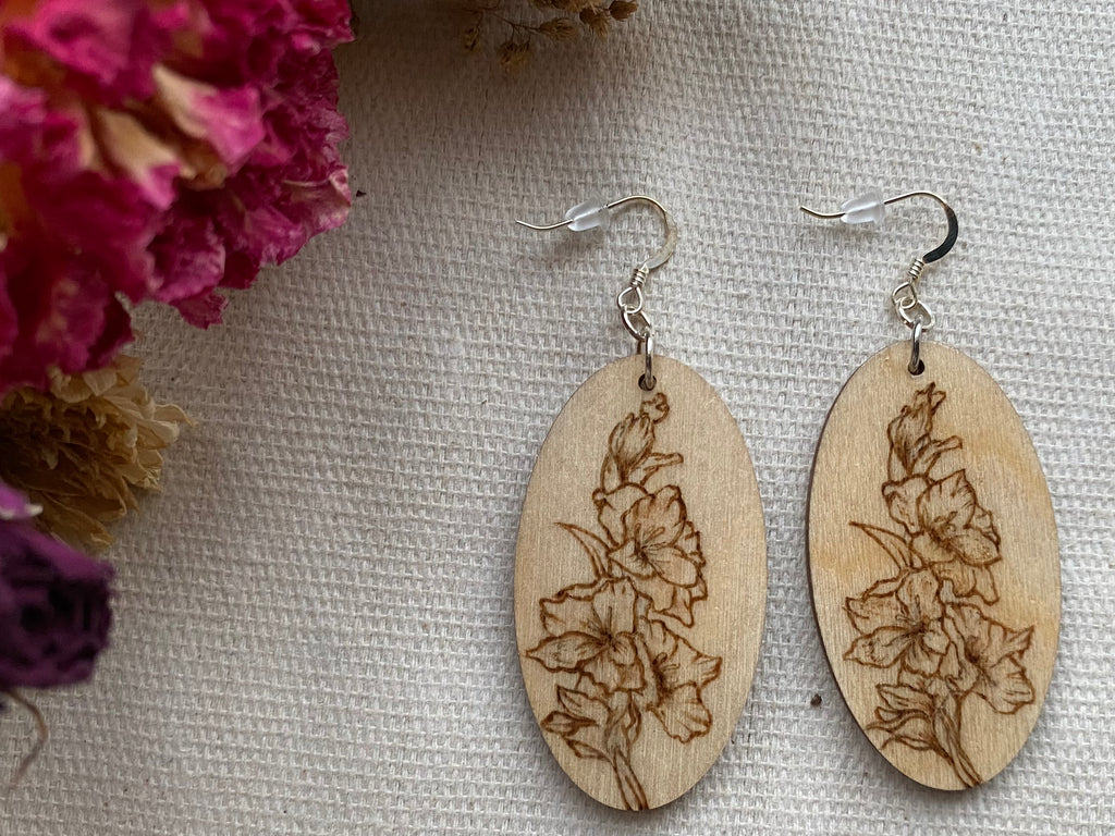 Handcrafted Woodburned Floral Earrings – Oval Circle Design
