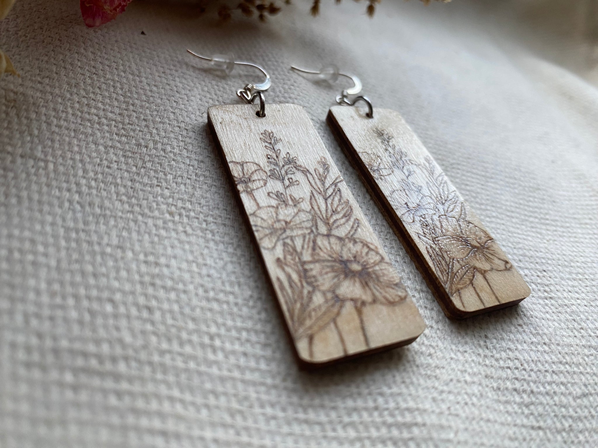 Handcrafted Woodburned Floral Earrings – Rectangle Nature Design