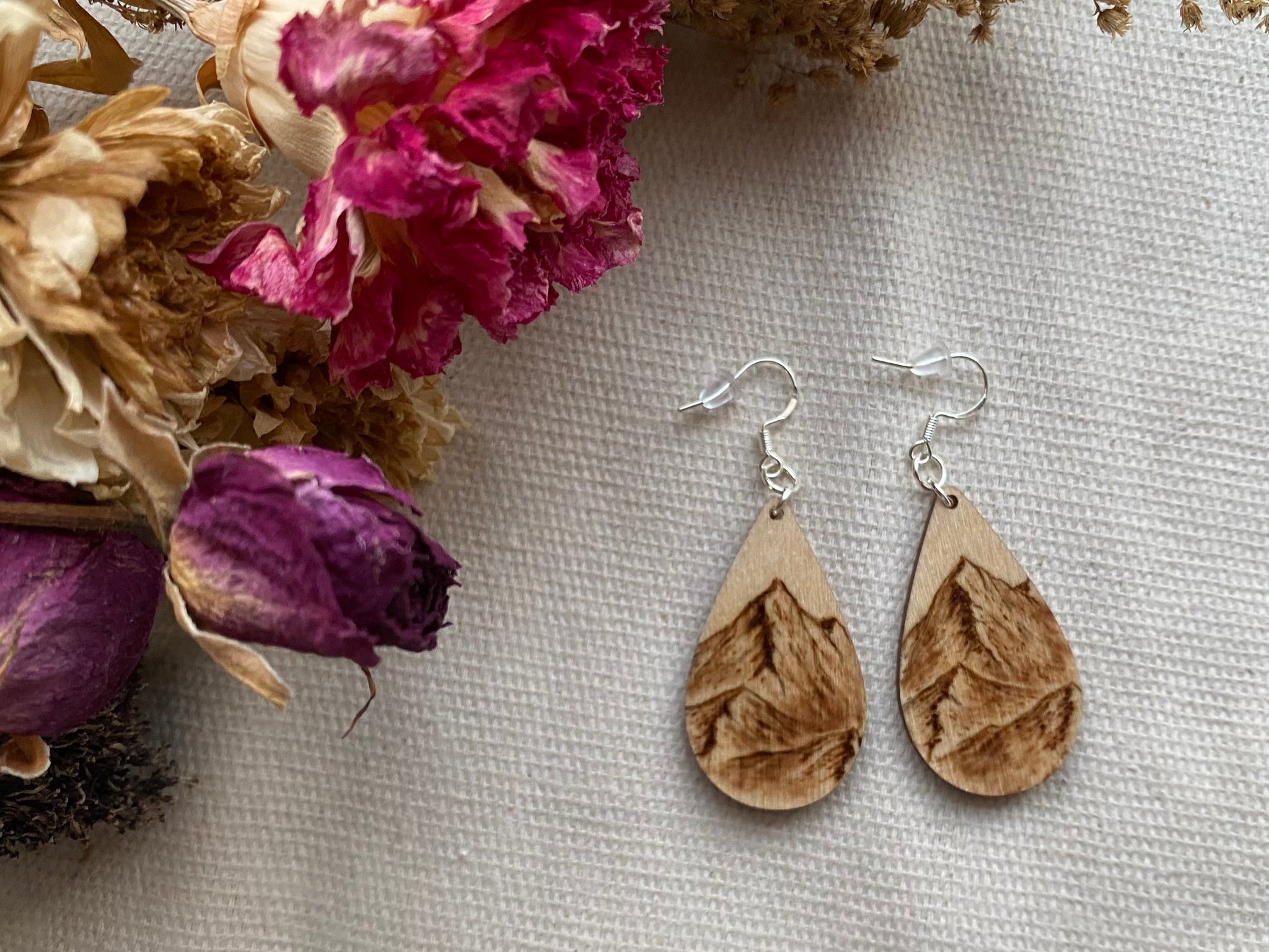 Handcrafted Woodburned Mountain Earrings – Small Teardrop Circle Design