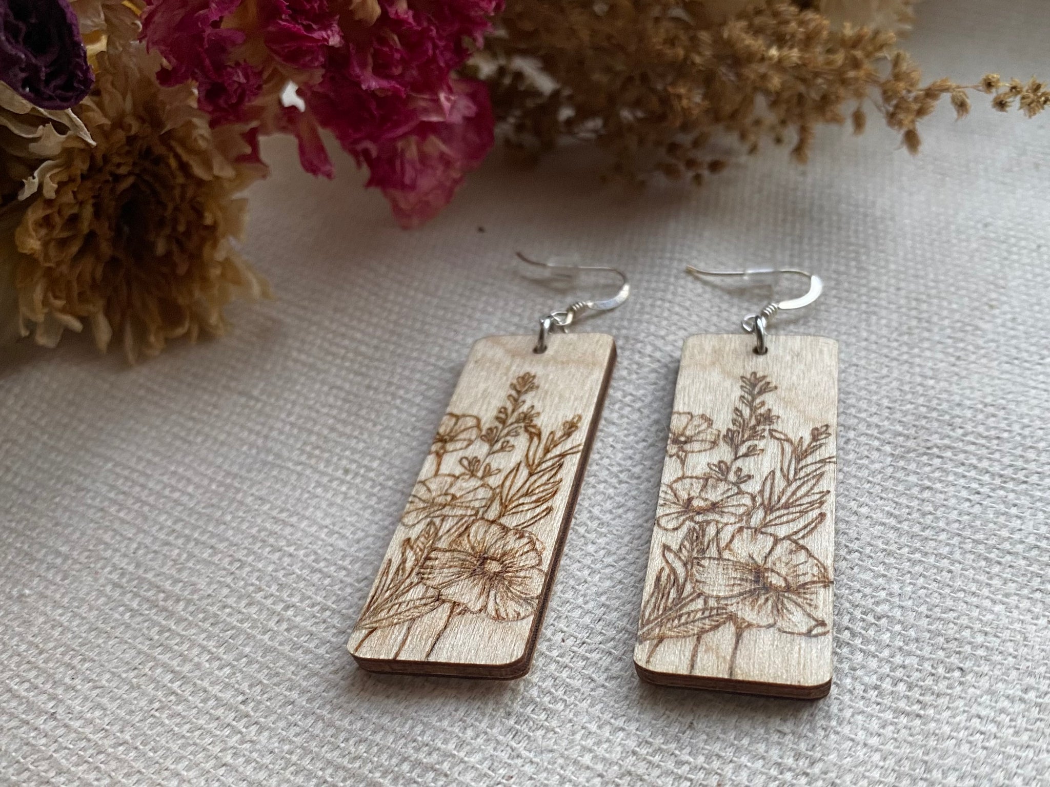Handcrafted Woodburned Floral Earrings – Rectangle Nature Design