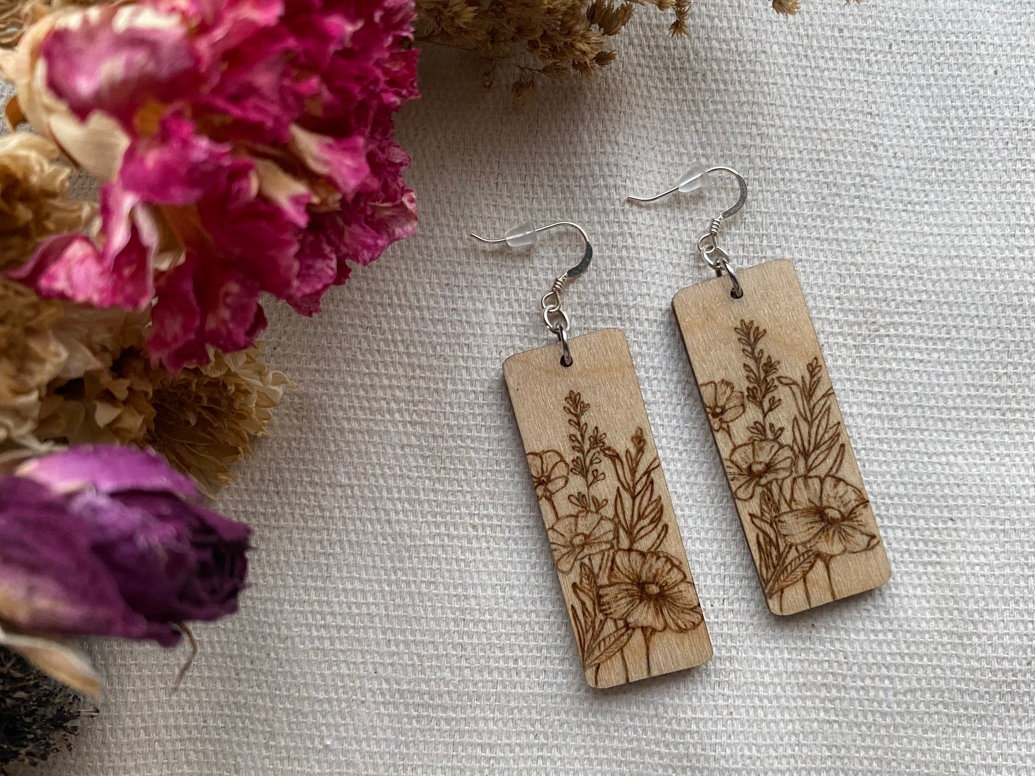 Handcrafted Woodburned Floral Earrings – Rectangle Nature Design