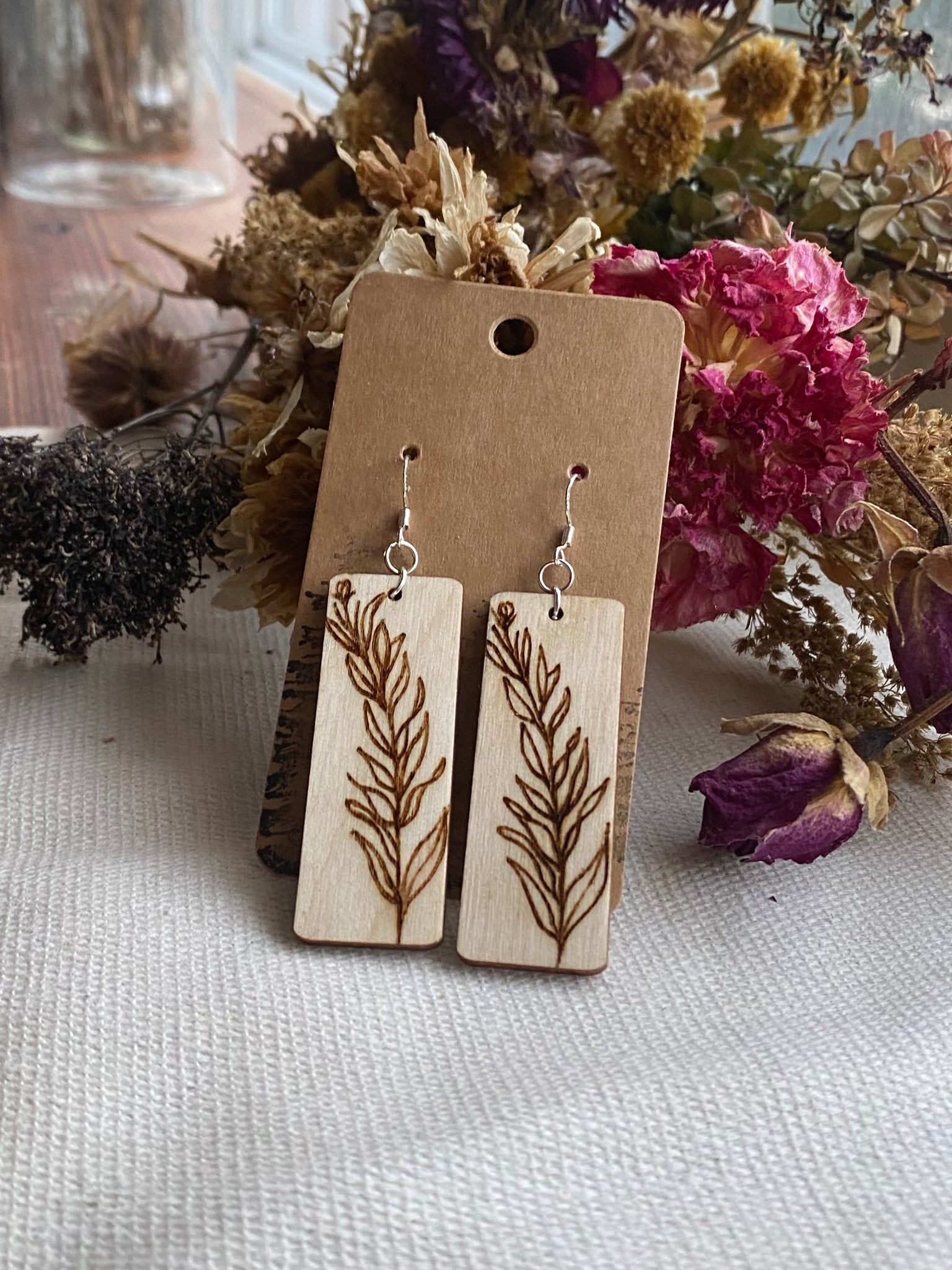 Handcrafted Woodburned Botanical Earrings – Long Rectangle Nature Design