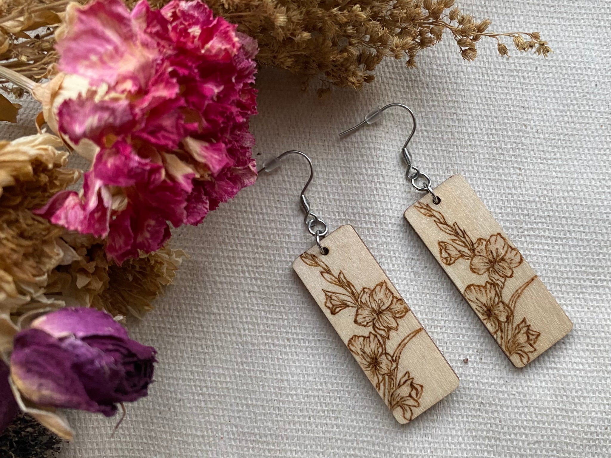 Handcrafted Woodburned Floral Bouquet Earrings – Rectangle Nature Design