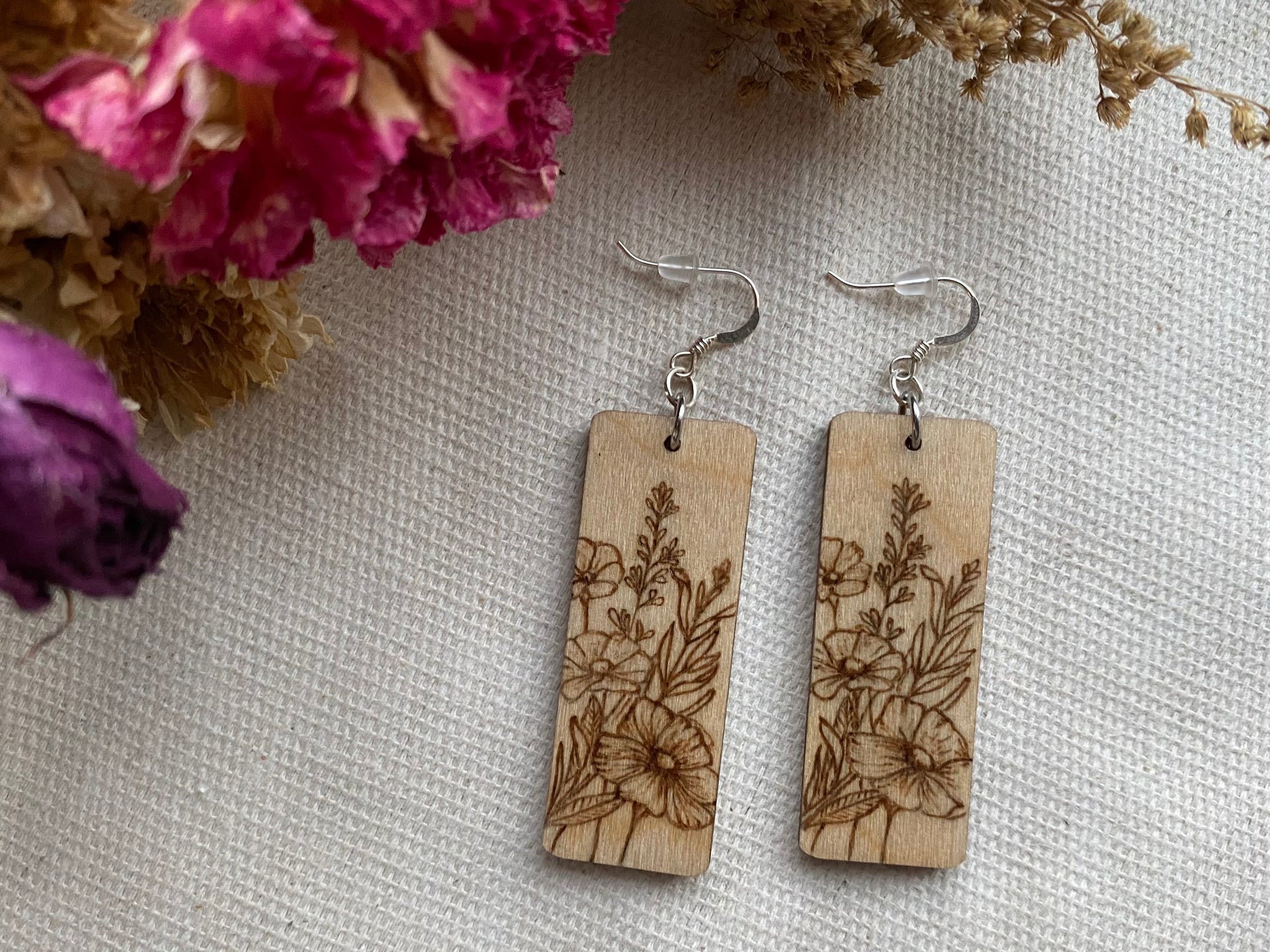 Handcrafted Woodburned Floral Earrings – Rectangle Nature Design
