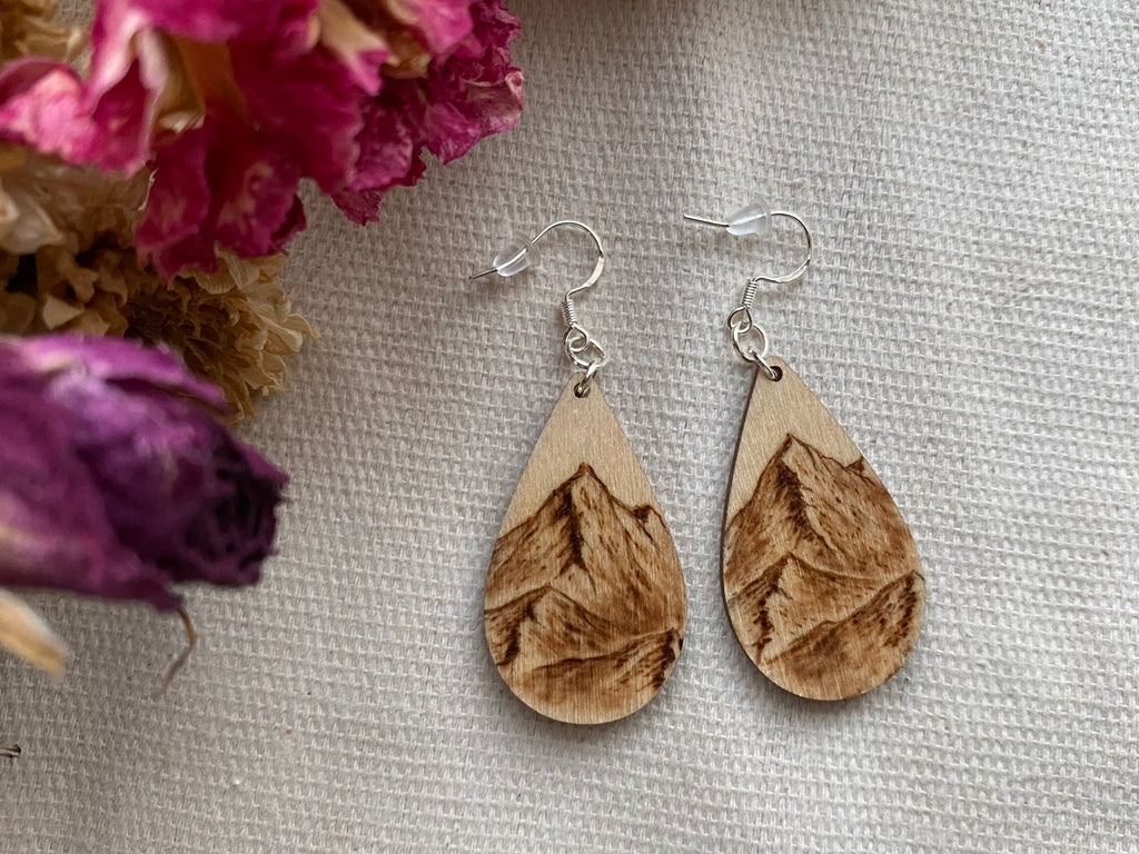 Handcrafted Woodburned Mountain Earrings – Small Teardrop Circle Design