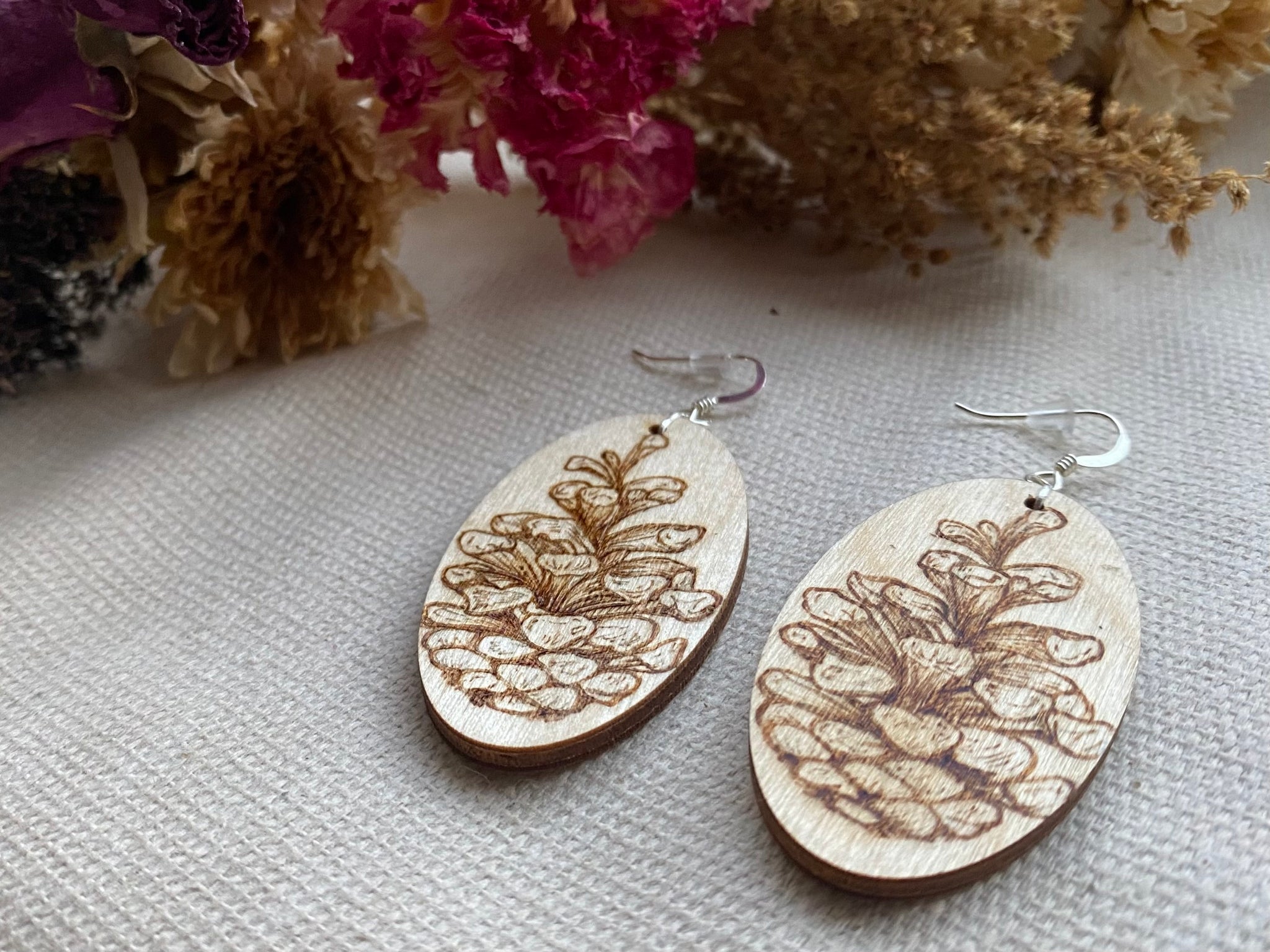 Handcrafted Woodburned Pinecone Earrings – Oval Nature Design