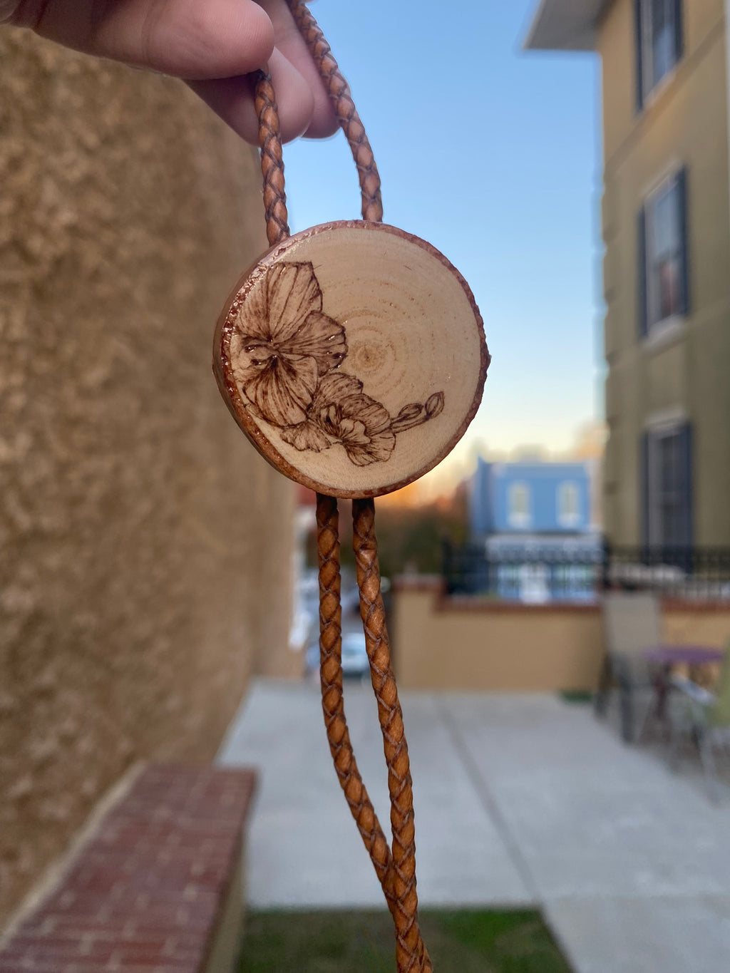 Handmade Bolo Tie—Floral Plant Woodburned Design