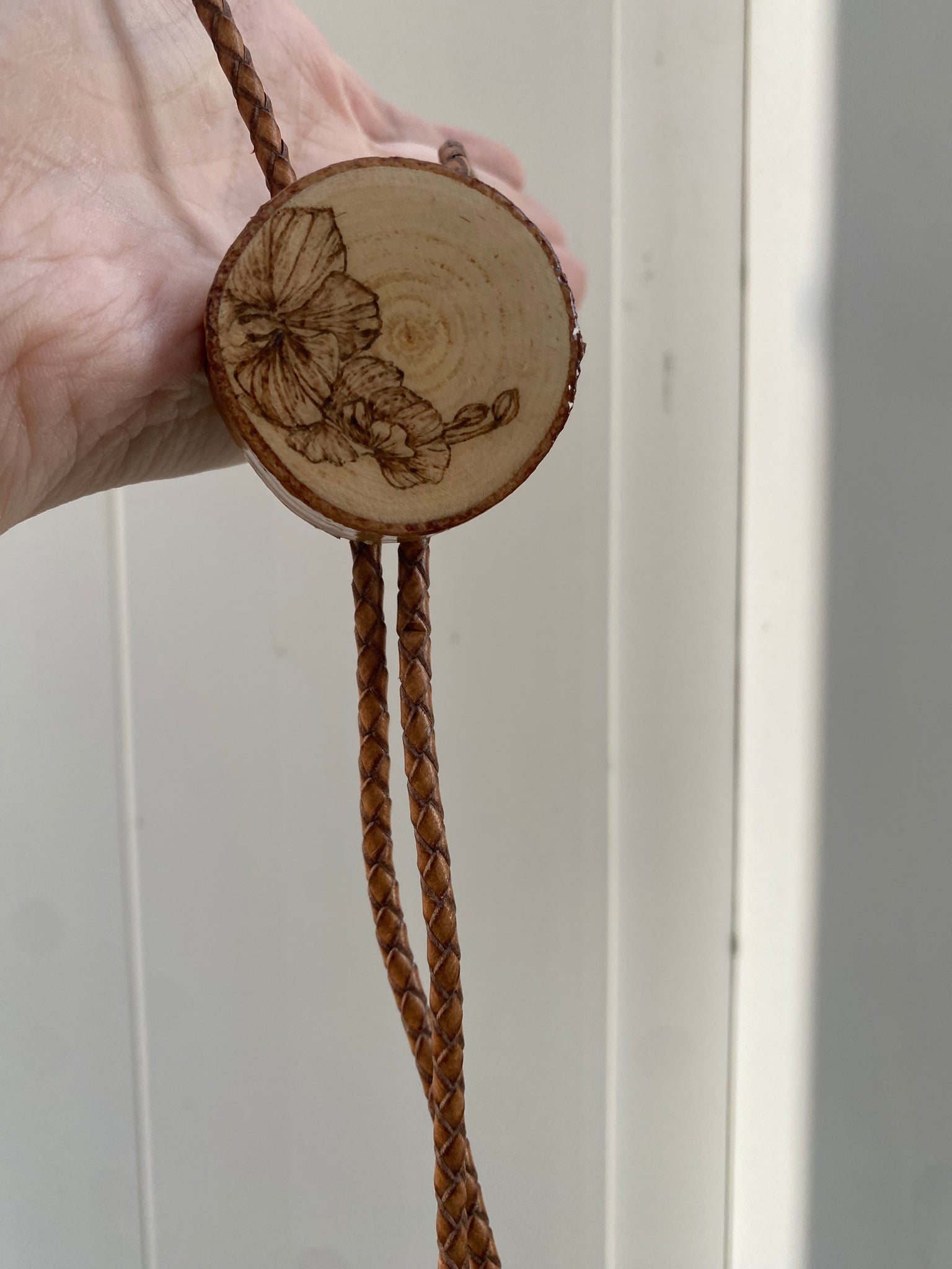 Handmade Bolo Tie—Floral Plant Woodburned Design