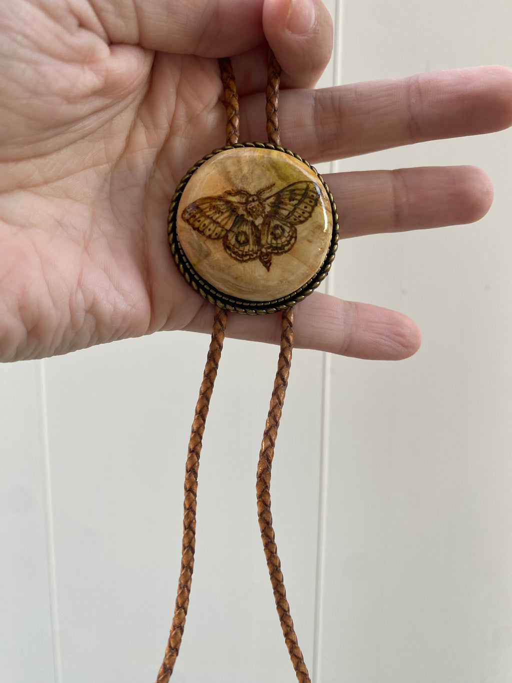 Handmade Bolo Tie—Moth Woodburned Design