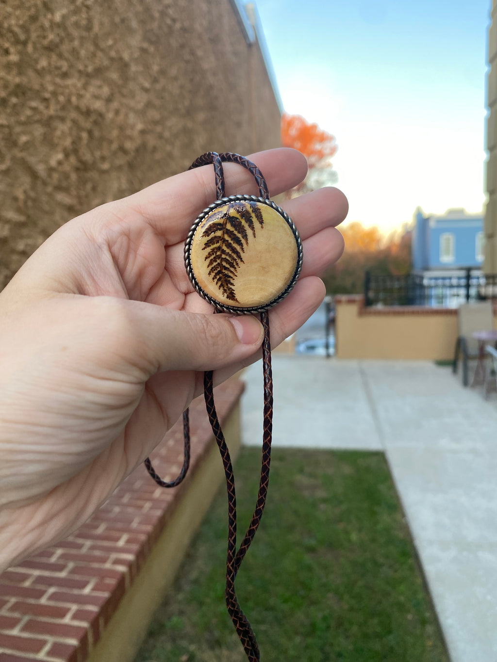 Handmade Bolo Tie—Fern Plant Woodburned Design
