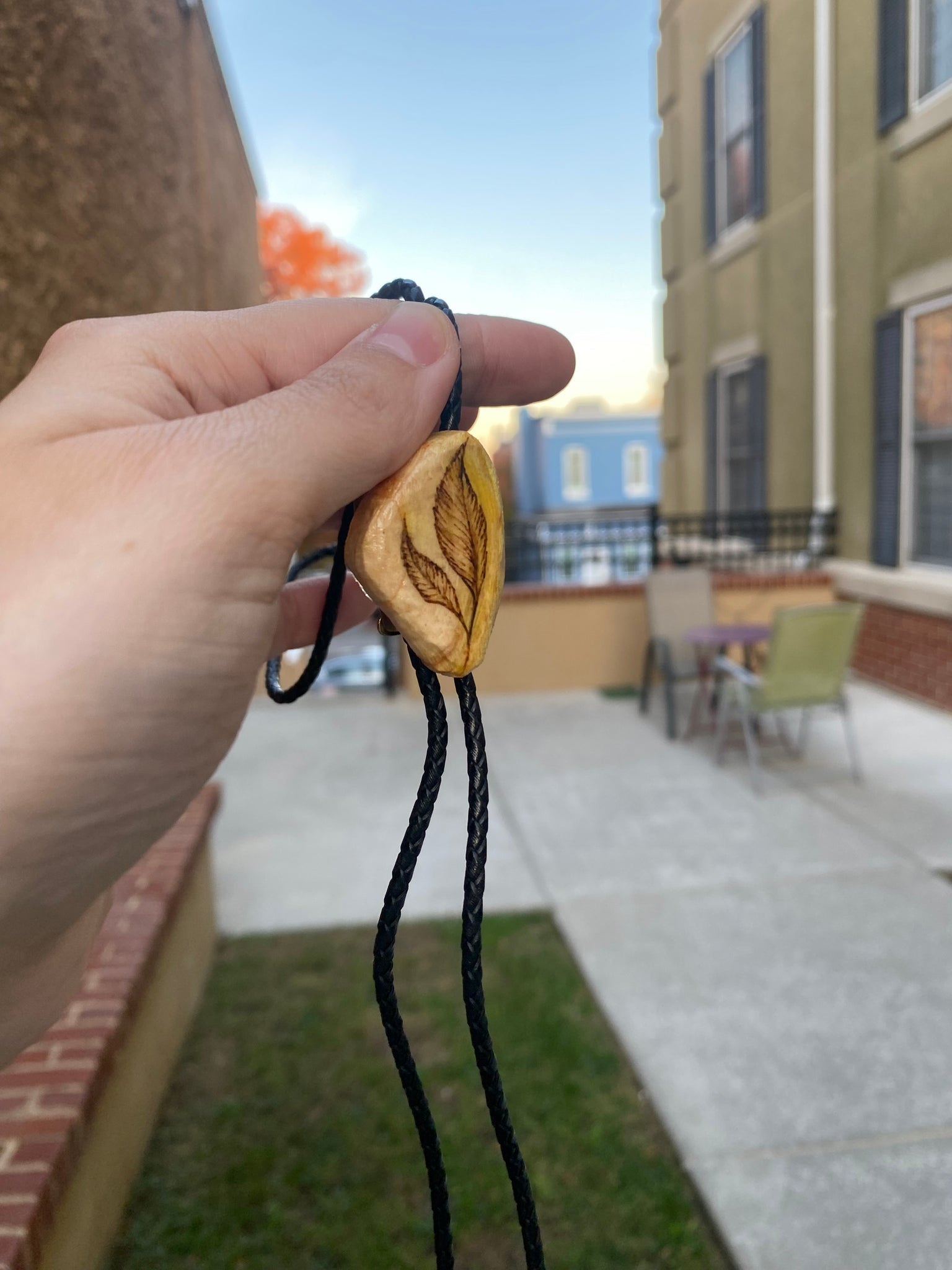 Handmade Bolo Tie—Leaf Plant Woodburned Design