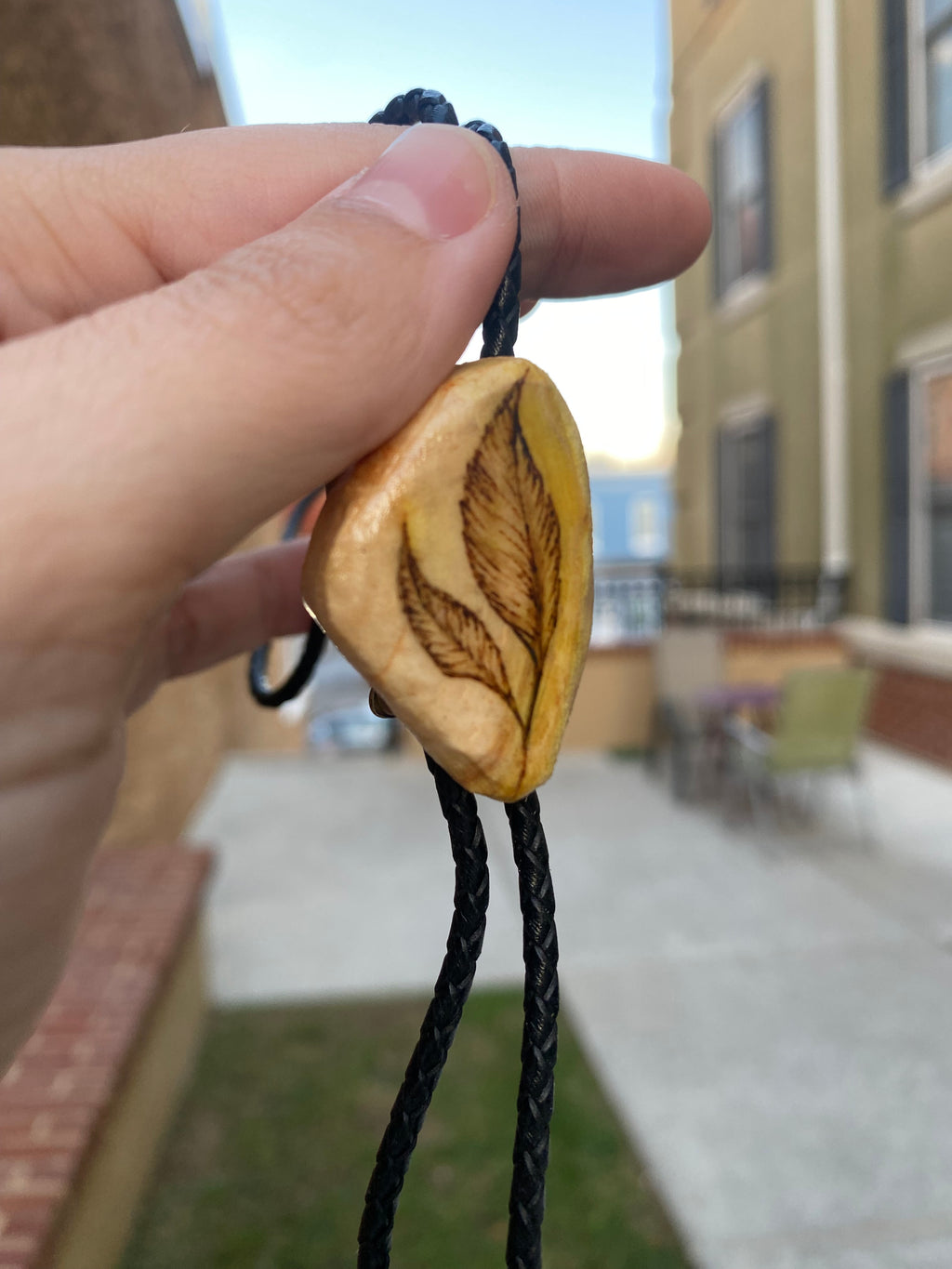 Handmade Bolo Tie—Leaf Plant Woodburned Design