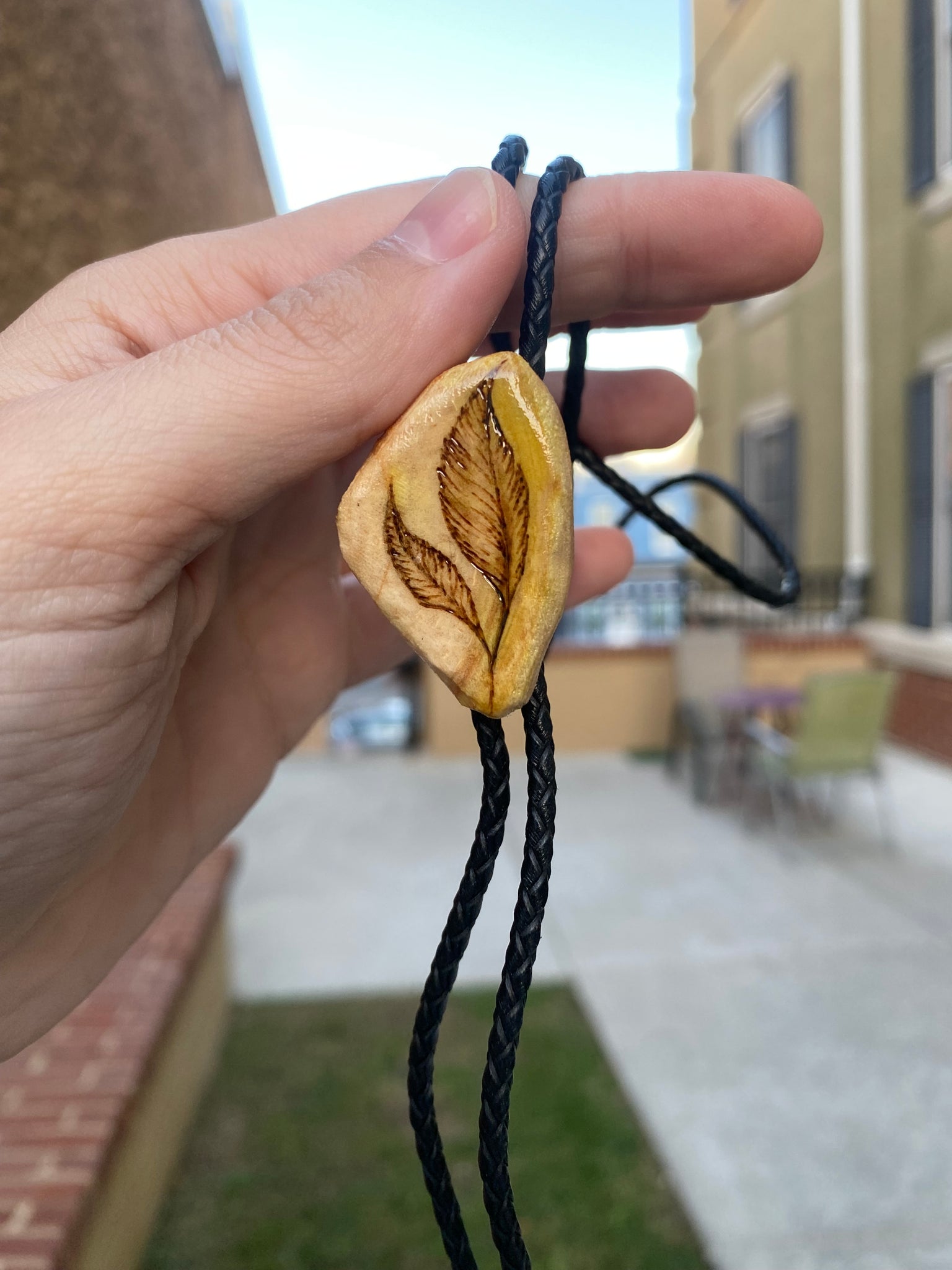 Handmade Bolo Tie—Leaf Plant Woodburned Design