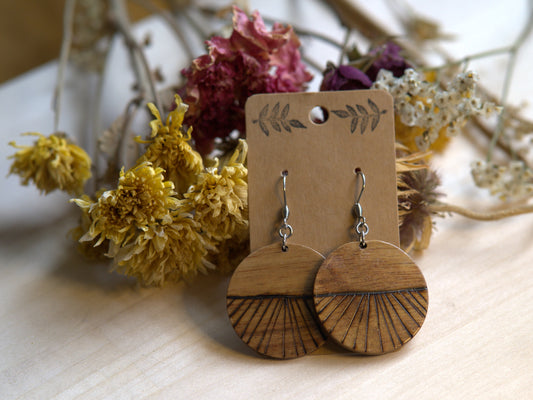 Handmade Woodburned Earrings – Nature-Inspired Sunburst Design