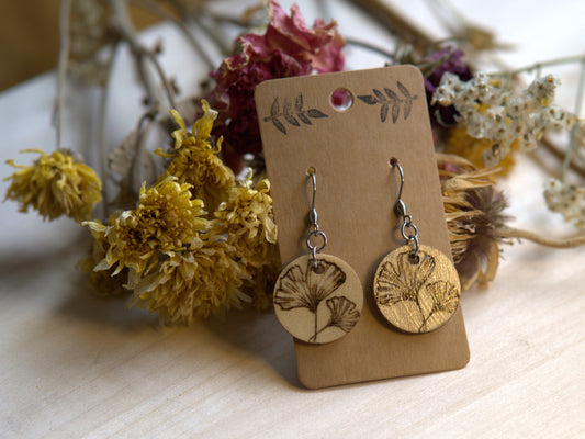 Handmade Woodburned Ginkgo Leaf Earrings