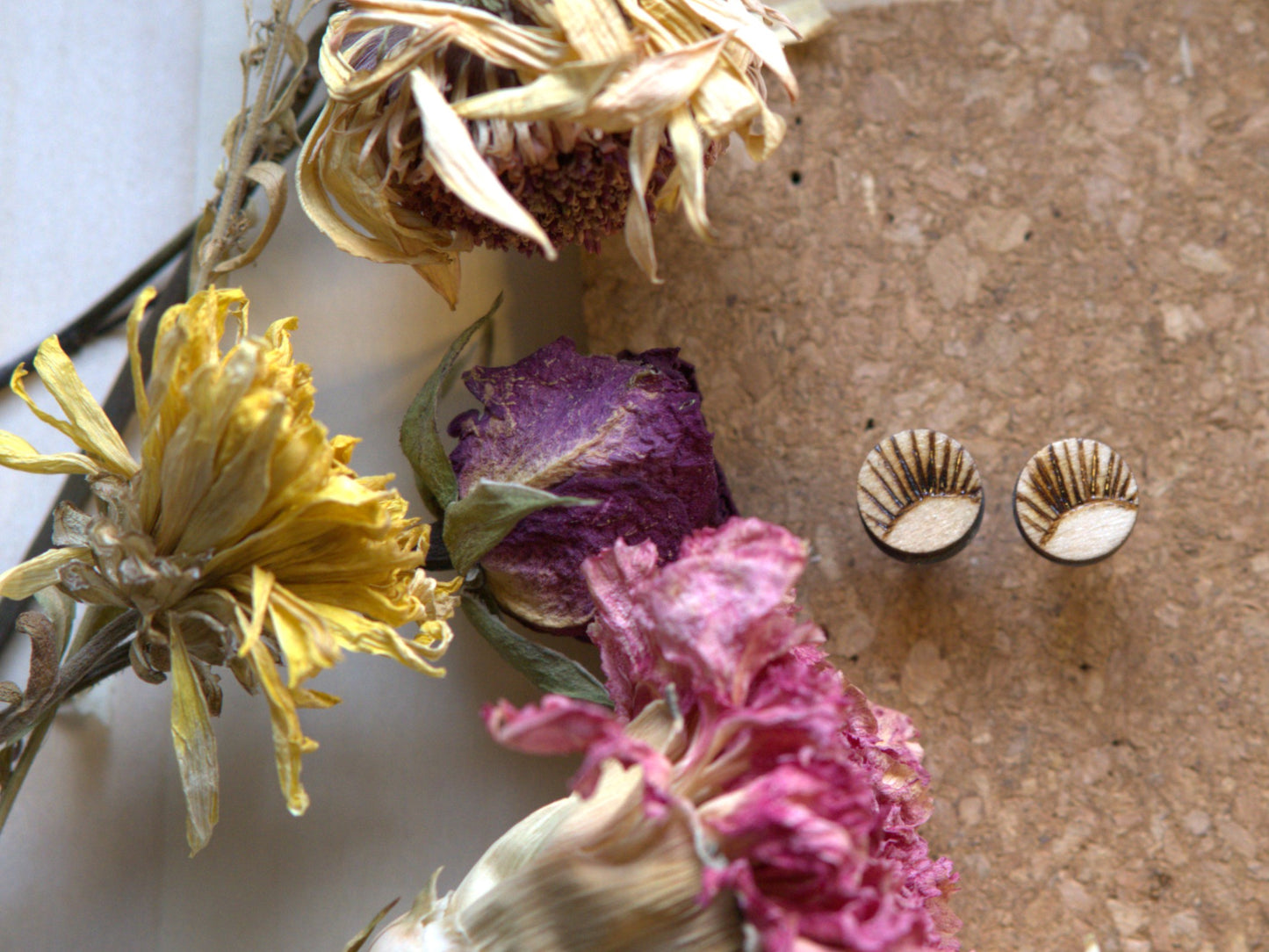 Handcrafted Woodburned Sunburst Earrings-Round Stud Design