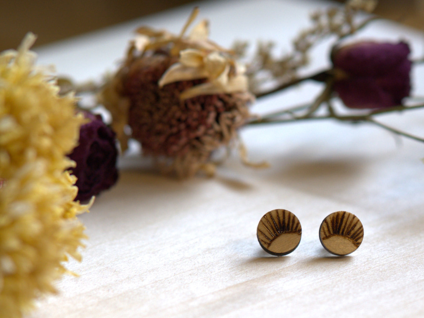 Handcrafted Woodburned Sunburst Earrings-Round Stud Design