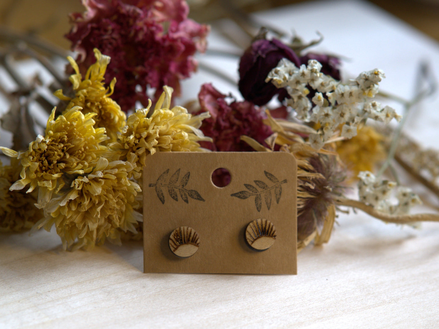 Handcrafted Woodburned Sunburst Earrings-Round Stud Design