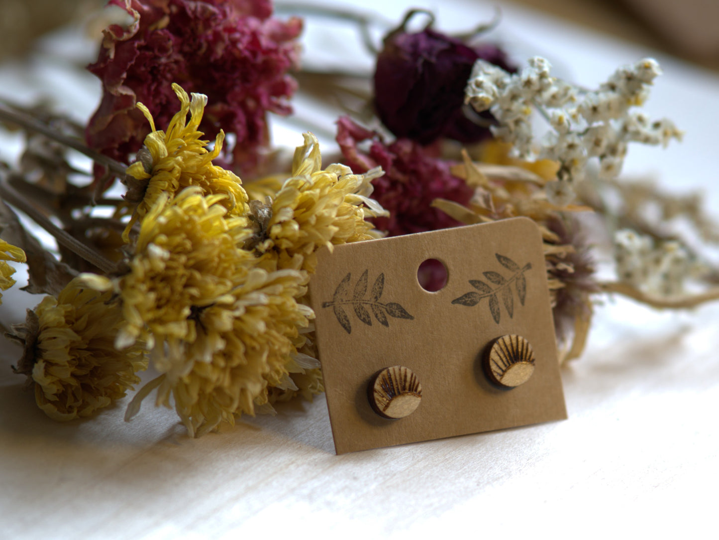 Handcrafted Woodburned Sunburst Earrings-Round Stud Design