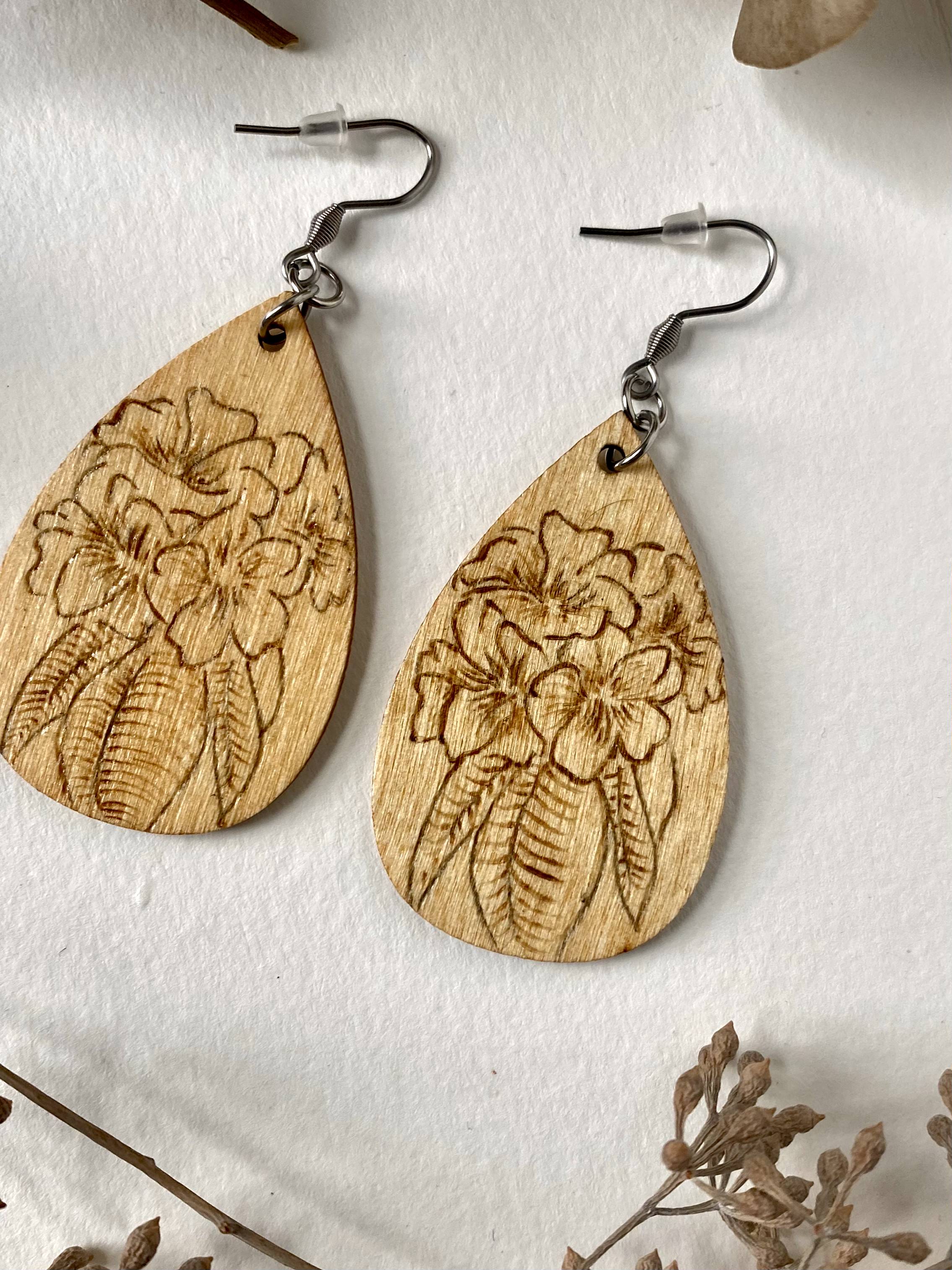 Rhododendrons Woodburned Teardrop Earrings